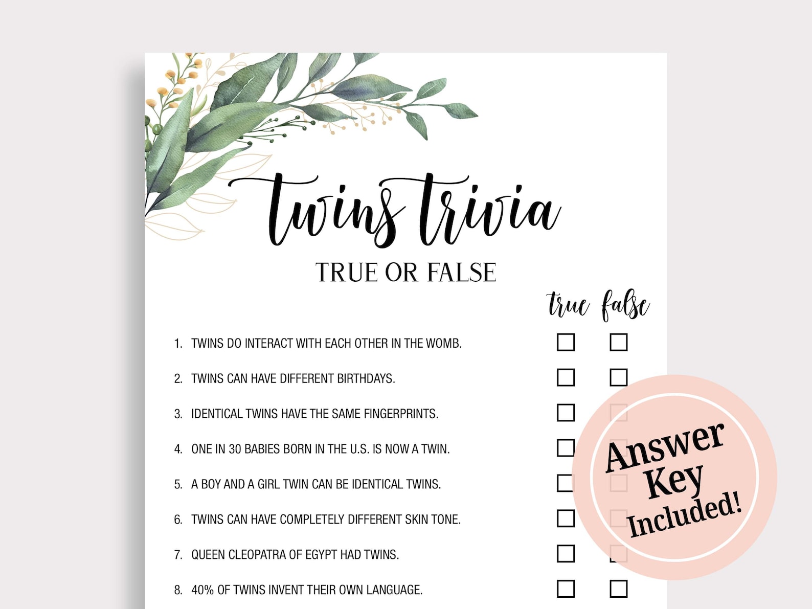 Twins Trivia True or False Game Baby Shower Trivia Fun Twin Etsy
