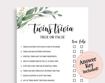 Twins Trivia True or False Game Baby Shower Trivia Fun Twin Quiz Greenery Baby Shower Games Party Game Cards Printable Instant Download C16