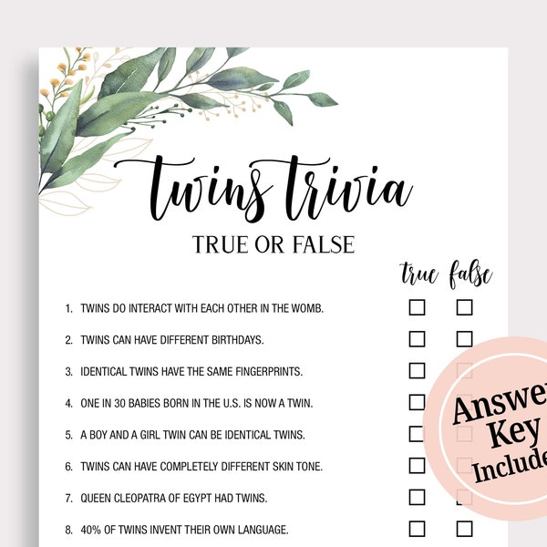 Twins Trivia True or False Game Baby Shower Trivia Fun Twin Quiz Greenery Baby Shower Games Party Game Cards Printable Instant Download C16