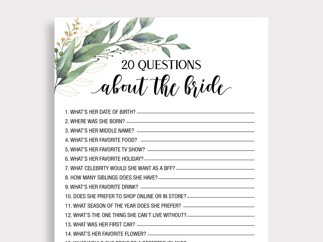 20 Questions About the Bride, Who Knows the Bride Best, Twenty Questions Bridal Shower Game