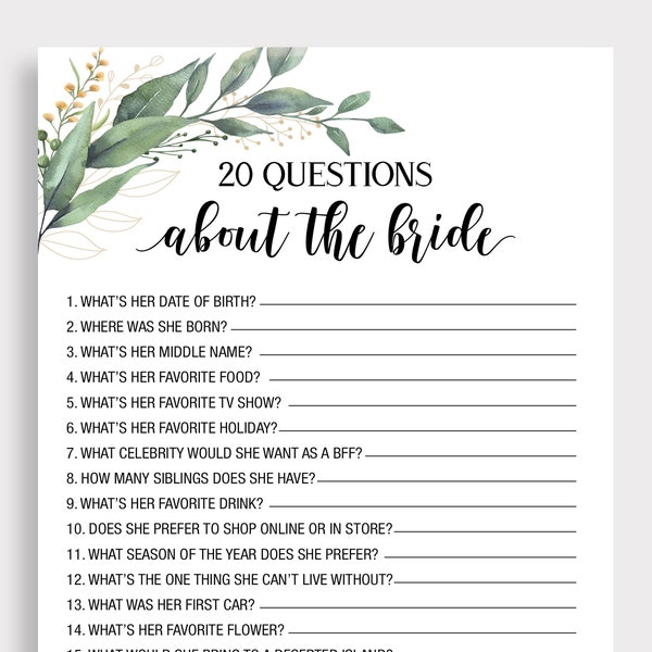 20 Questions About the Bride, Who Knows The Bride Best, Twenty Questions Bridal Shower Game, Printable Bridal Shower Game, Green Leaves, C18