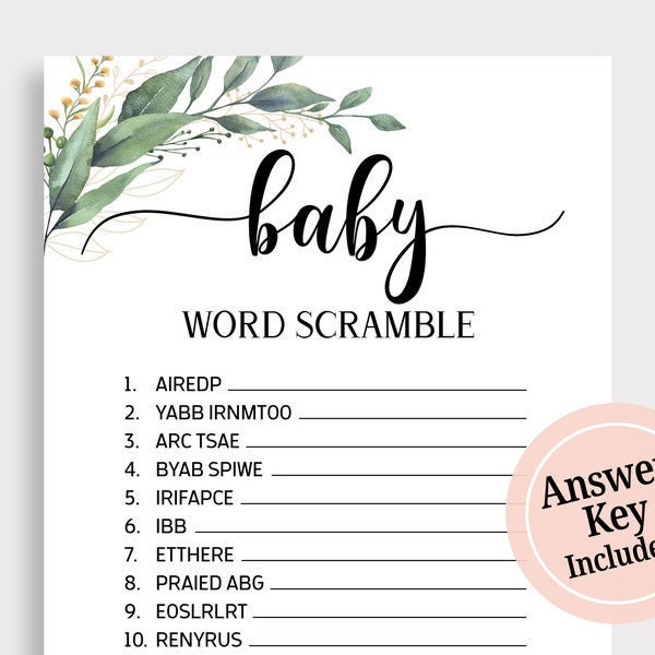 Baby Word Scramble Game, Baby Scrambled Word Game, Greenery Scrambled Baby Shower Game, Gender Neutral, Green Leaf, Instant Download, C16