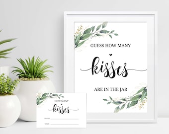 Guess How Many Kisses in Jar Game, Greenery Bridal Shower Game Printable , How Many Kisses Sign, Hens, Bachelorette, Wedding Sign, C18, D32