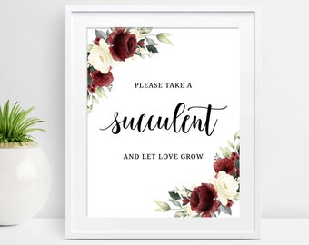 Succulent Let Love Grow Sign, Favor Table Sign, Wedding Favors Sign, Please Take One, Seed Favor Sign, Burgundy Floral Bridal Shower, G32
