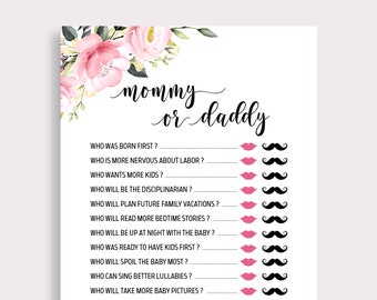 Mommy or Daddy Baby Shower Game Printable,  Mom or Dad Game, Guess Who Mommy or Daddy, He Said She Said, Floral Baby Shower, Pink Roses, P16