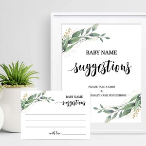 Suggestions de noms de bébé Signe de nom Greenery Signe de douche de bébé Signe de jeu de douche de bébé imprimable Noms de bébé Carte d’idées Téléchargement instantané C16 D28