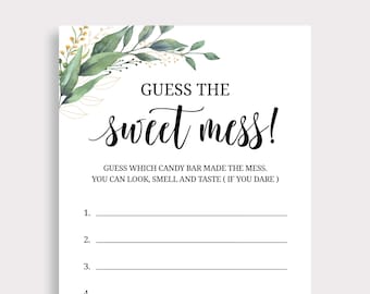 Guess The Sweet Mess Game, Candy Bar Game, Green Leaves Baby Shower Game, Baby Shower Dirty Diaper Game, Poopy Diaper Game, Printable, C16