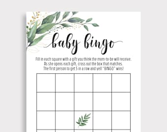 Baby Shower Bingo Game Cards, Baby Bingo Cards, Baby Shower Party Games, Printable Greenery Bingo Card, Descarga instantánea, Género neutro, C16