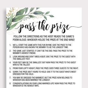 Pass the Prize Game, Rhyme Game, Greenery Baby Shower Game, Baby Shower Game Pass the Gift Poem, Gift Passing Poem, Instant Download, C16