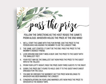 Pass the Prize Game, Rhyme Game, Greenery Baby Shower Game, Baby Shower Game Pass the Gift Poem, Gift Passing Poem, Instant Download, C16