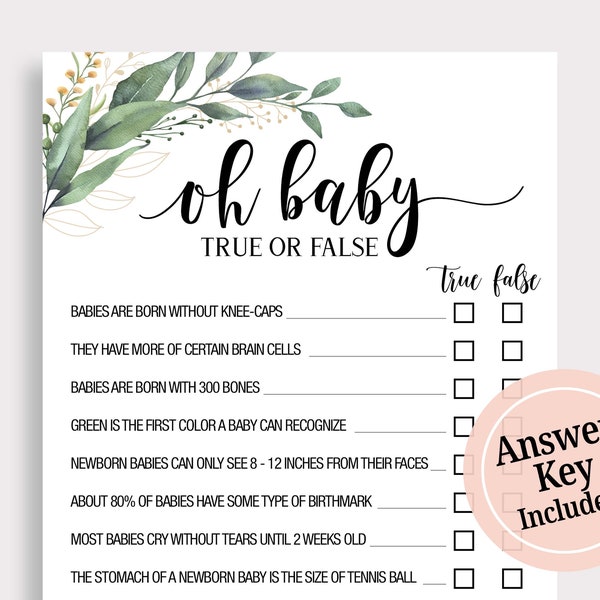 Jeux de douche de bébé Vrai ou faux, Oh Baby True or False Game, Greenery Baby Shower Games Printable, Gender Neutral Game Cards, Digital, C16