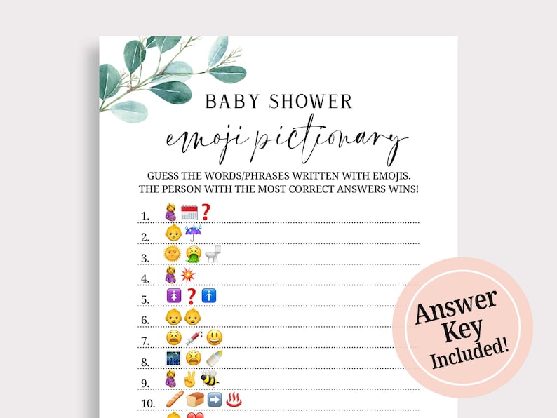 Baby Emoji Game Emoji Picture Game Baby Shower Emoji Game Baby Shower Game Eucalyptus Watercolor Baby Shower Instant Download EU16 image 1