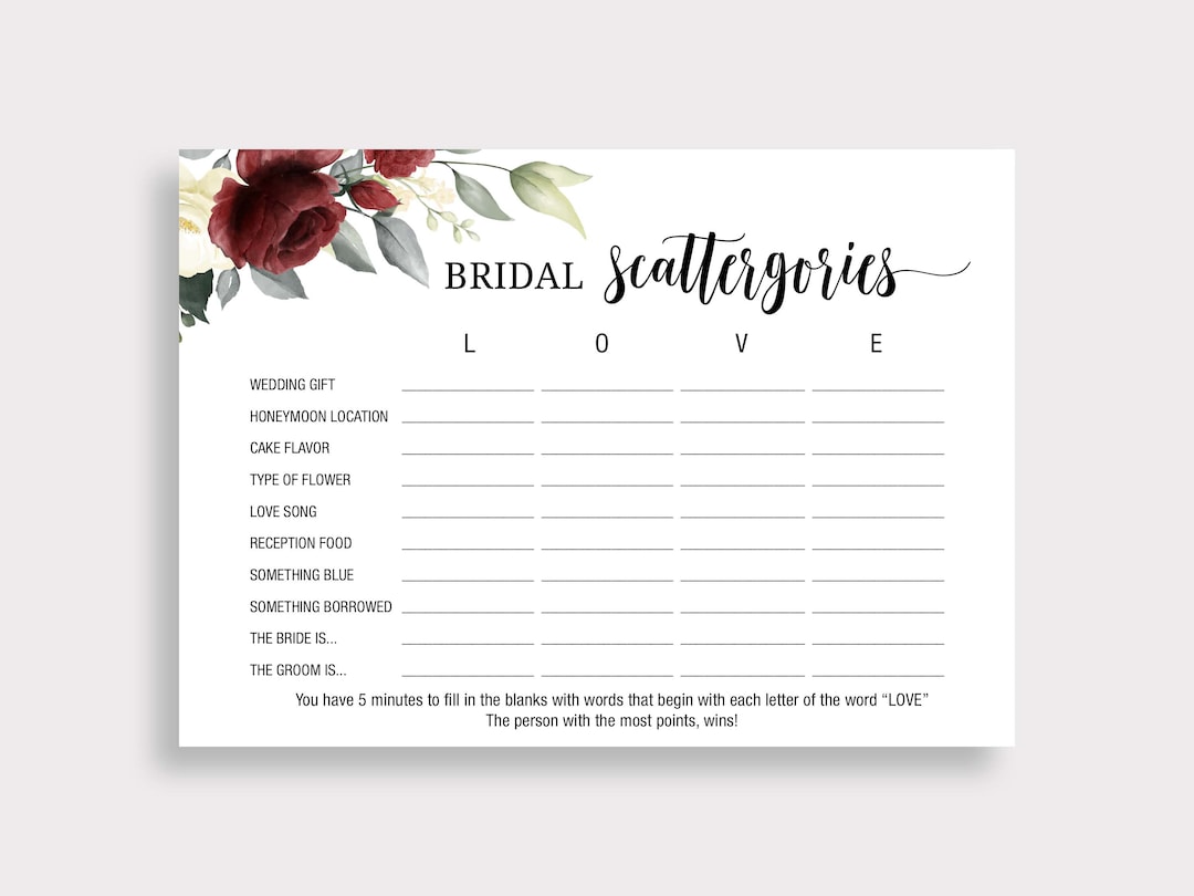 Bridal Shower Scattergories Game, Bridal Shower Game Printable, Burgundy, Maroon, Blush, Floral, Instant Download, Digital Game, PDF, G18 - Etsy friends-bridal-shower-scattergories-game-printable-awdesignsprintables