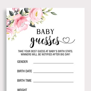 Tarjeta de conjeturas para bebés Gues Género del bebé Fecha de nacimiento del bebé Tiempo de nacimiento Tarjeta de peso Rosa Juegos de baby shower Predicciones Niña Bebé imprimible P16