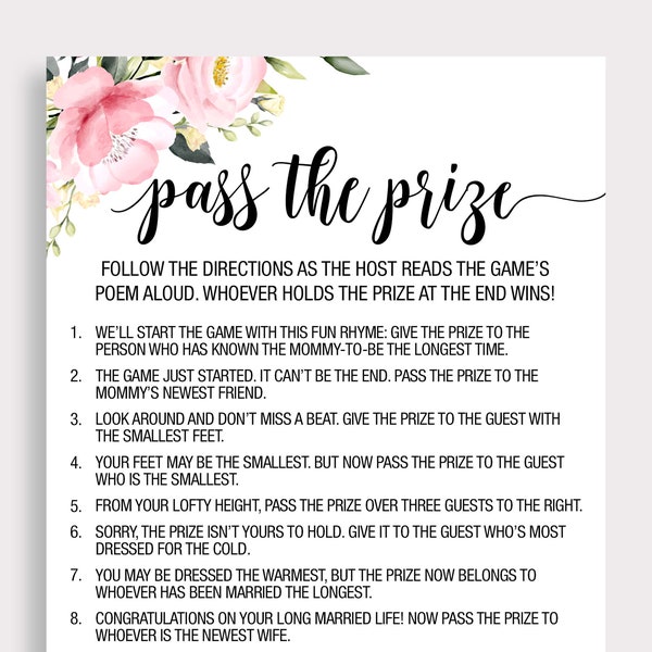 Pass the Prize Game, Rhyme Game, Pink Rose Baby Shower Game, Baby Shower Game Pass the Gift Poem, Gift Passing Poem, Instant Download, P16
