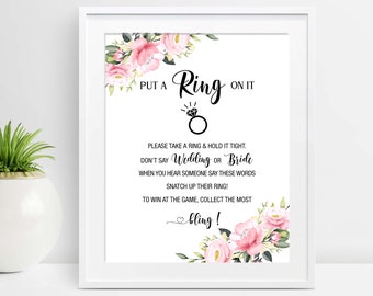Put A Ring On It Sign, Don't Say Bride or Wedding Game, Floral Ring Game, Fun Bridal Shower Games, Printable Game Sign, Pink Rose, P18, P32