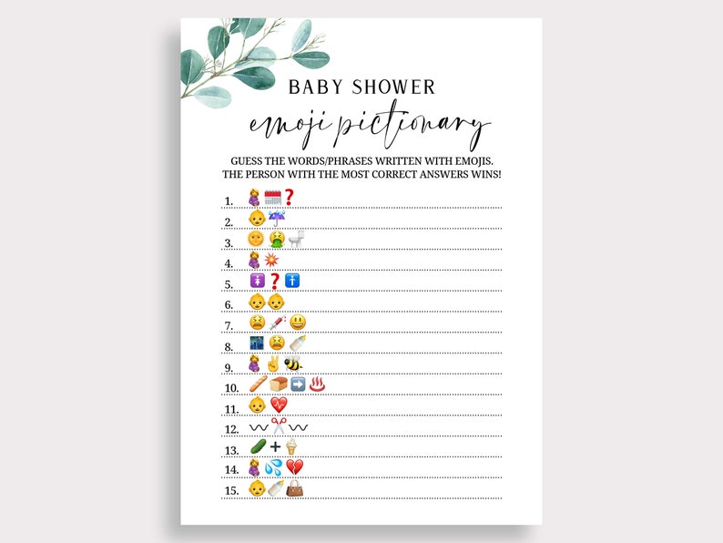 Baby Emoji Game Emoji Picture Game Baby Shower Emoji Game Baby Shower Game Eucalyptus Watercolor Baby Shower Instant Download EU16 image 2