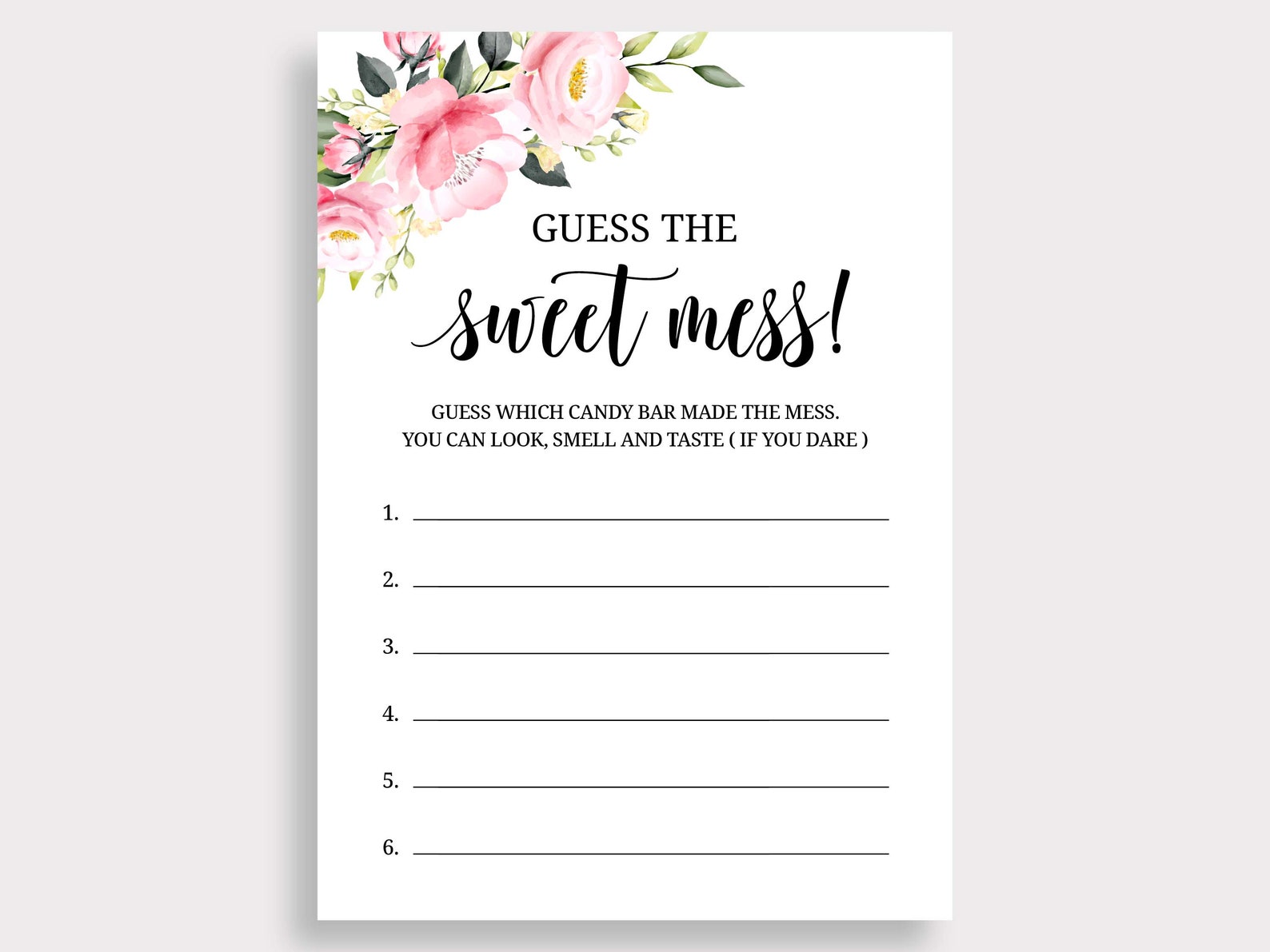 Guess the Sweet Mess Game Candy Bar Game Pink Rose Baby Shower Game ...