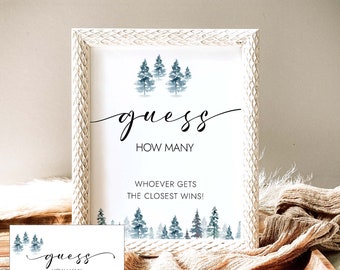 May include: A printable game card with a watercolor illustration of blue trees. The card says "guess how many" and "whoever gets the closest wins!"