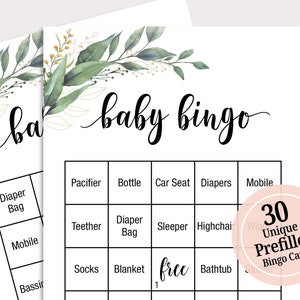 30 voorgevulde baby shower bingokaarten baby shower bingospelkaarten baby bingo afdrukbare baby shower games groen genderneutraal C16