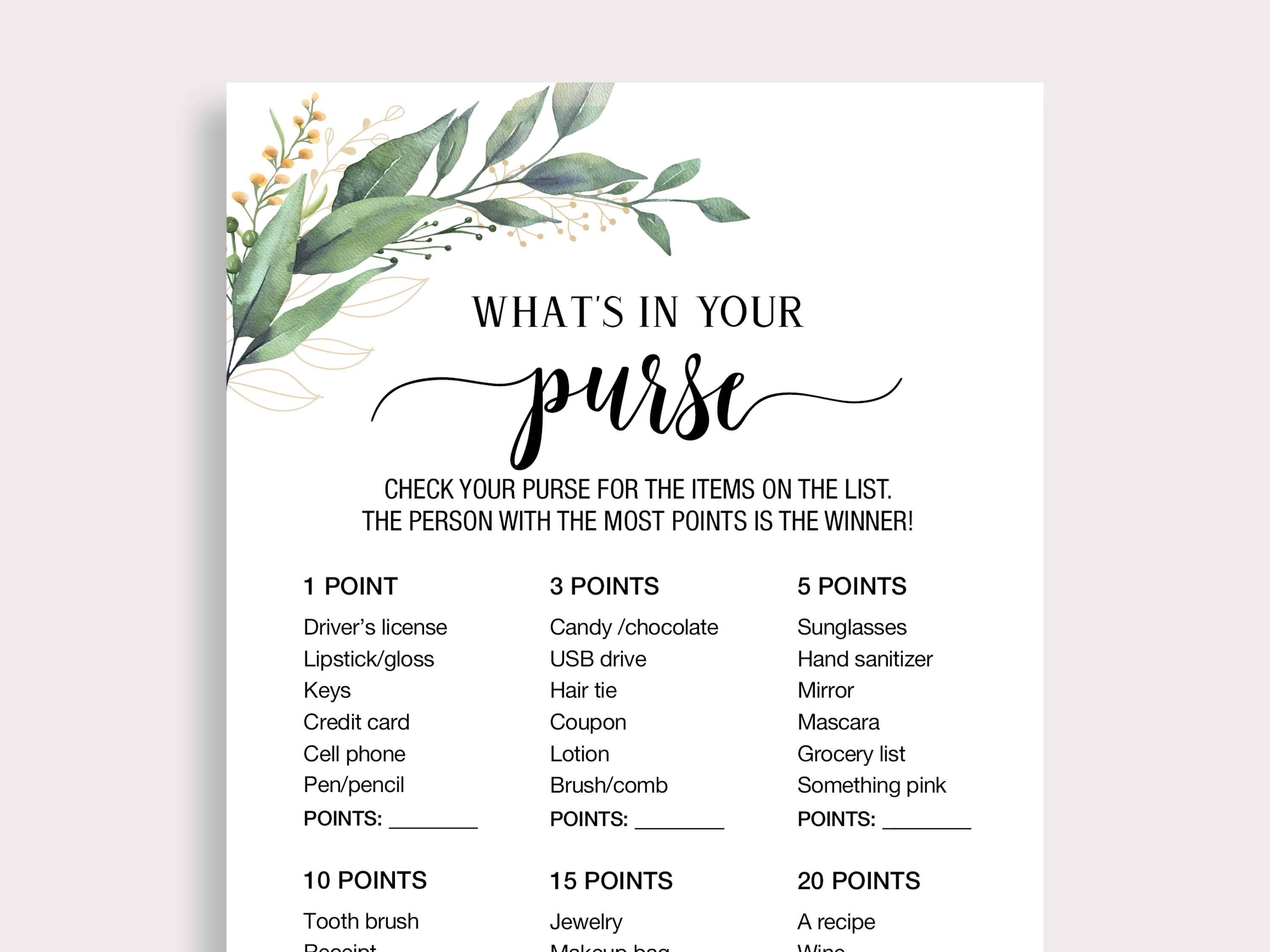 Free Printable Purse Scavenger Hunt Game – Great for a baby shower or bridal  shower - Spot of Tea Designs