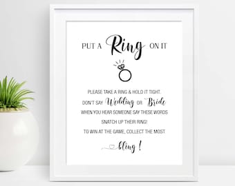 Put A Ring On It Sign, Don't Say Bride or Wedding Game, Simple Ring Game, Fun Bridal Shower Games, Printable Game Sign, DIY, W18, W32