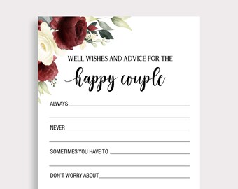 Well Wishes Advice Happy Couple, Burgundy Bridal Shower Advice Cards, Couple Advice Cards Printable, Well Wish Cards, Instant Download, G18