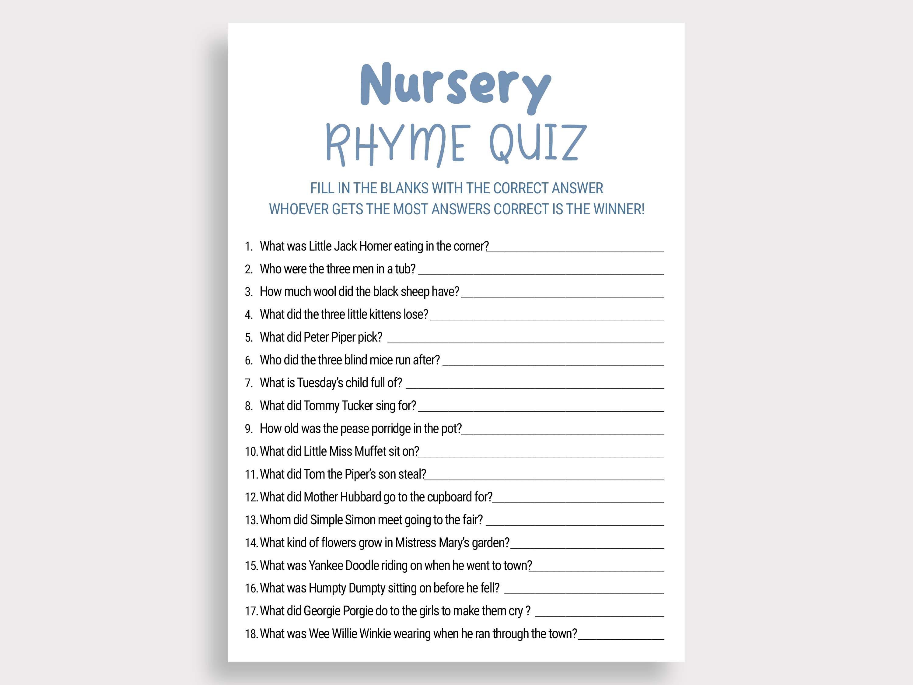 Nursery Rhyme Quiz jogo de Chá de fraldas com Resp | Zazzle Portugal