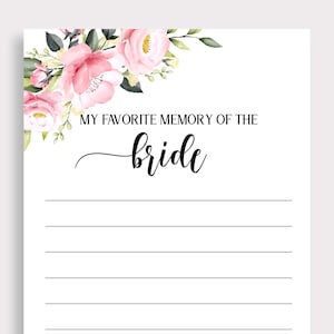 Recuerdo favorito con la novia, Tarjetas de novia de memoria favoritas, Tarjeta nupcial, Boho, Rosa Floral, Boho Juegos de ducha imprimibles, P18