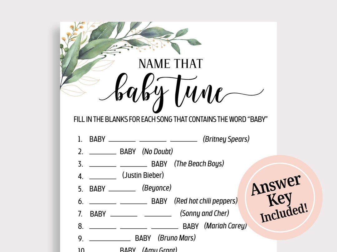 Name That Baby Tune Baby Shower Game, Name That Baby Song, Green Leaf