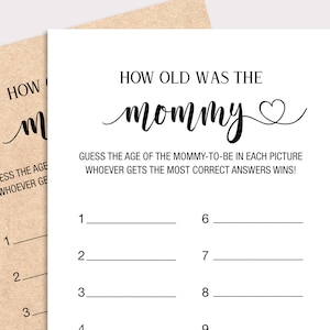 Quanti anni aveva il gioco di Mommy Baby Shower, Indovina l'età delle madri nel gioco fotografico, Gioco dell'età delle mamme, Gioco di baby shower rustico, Kraft, Genere neutro, K16