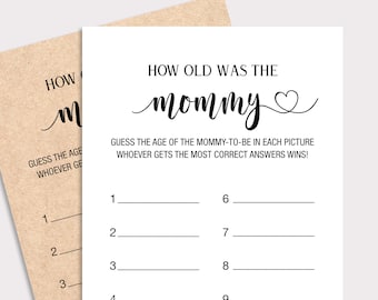 Hoe oud was de mommy baby shower game, guess moeders leeftijd in fotospel, moeders leeftijd spel, rustieke baby douche spel, Kraft, gender neutraal, K16