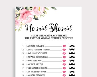 Dijo que ella dijo juego de despedida de soltera, adivina quién lo dijo juego, juego de novia rosa o novio, juegos florales de boda boho bridal shower imprimibles, bricolaje, p18