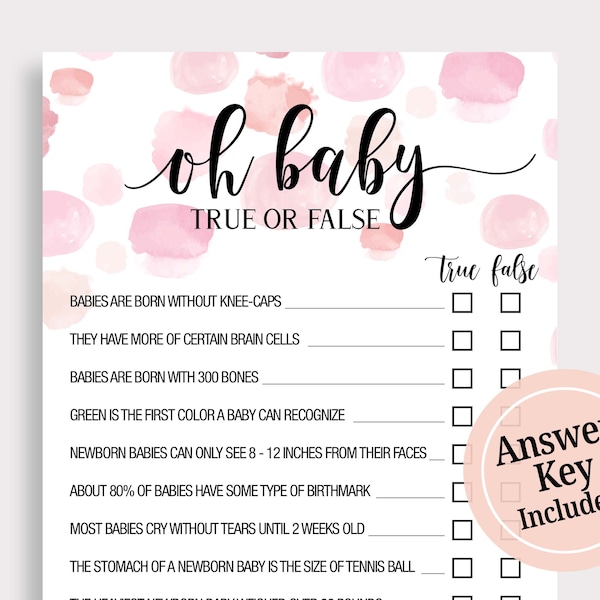 Oh Baby True or False Baby Shower Game, Pink Oh Baby True or False Game, Girl Baby Shower Games Printable, Instant Download, DIY, F16