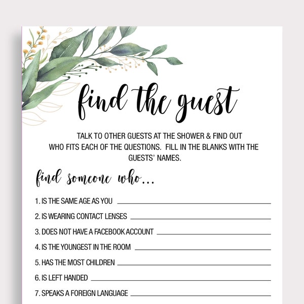 Find The Guest Who Game, Find the Guest Bridal Shower Game, Find the Guest Baby Shower Game, Guessing Game, Mingling Game, C16, C18