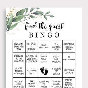 Find the Guest Bingo Baby Shower Game Cards Baby Bingo Game Cards Baby Shower Party Ideas Activities Printable Greenery Instant Download C16