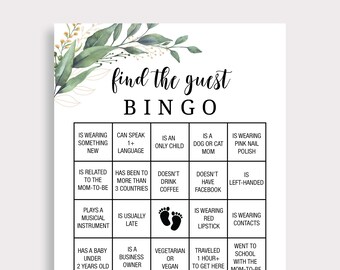 Find the Guest Bingo Baby Shower Game Cards Baby Bingo Game Cards Baby Shower Party Ideas Activities Printable Greenery Instant Download C16