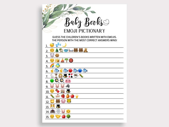 Baby Shower Baby Books Emoji Pictionary Game Baby Books Game Children s Book Emoji Pictionary Game Greenery Baby Shower Storybook Game T16