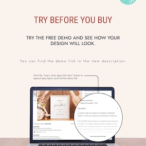 May include: A laptop computer screen displaying a digital product listing for a printable "Please Sign Our Guestbook" sign. The sign features a modern, minimalist design with a neutral color palette. The listing includes a description of the product and a link to a free demo.