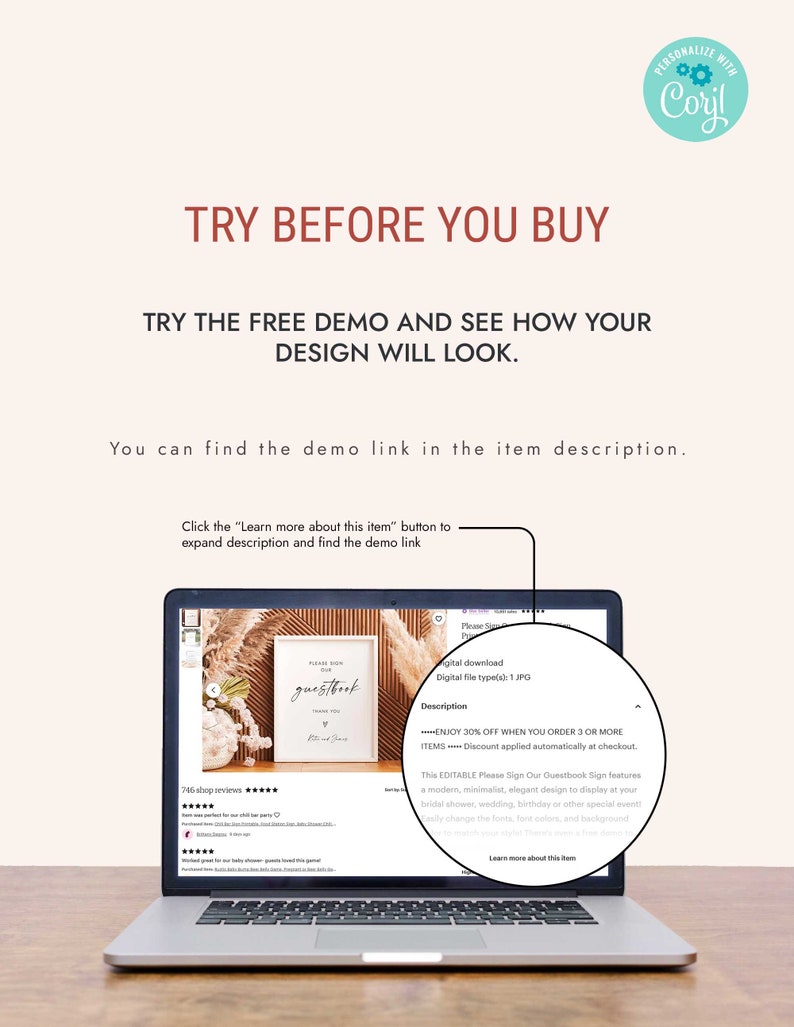May include: A laptop computer screen displaying a digital product listing for a printable "Please Sign Our Guestbook" sign. The sign features a modern, minimalist design with a neutral color palette. The listing includes a description of the product and a link to a free demo.