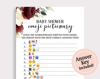 Baby Shower Emoji  Game, Baby Shower Game Printable, Baby Emoji Pictionary Cards, Burgundy Pink Floral, Instant Download, Digital Game, G16