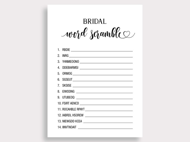 Word Scramble Bridal Shower Game Modern Wedding Shower Games - Etsy