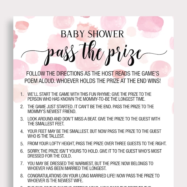 Pink Pass the Prize Game, Pass the Prize Baby Shower Game, Rhyme Game, Pink Baby Shower Game, Pass the Gift Poem, Gift Passing Poem, F16