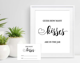 Guess How Many Kisses are in the Jar Game, Minimal Bridal Shower Game Printable , Bridal Sign, Hens,Bachelorette, Wedding Sign, W18, W32