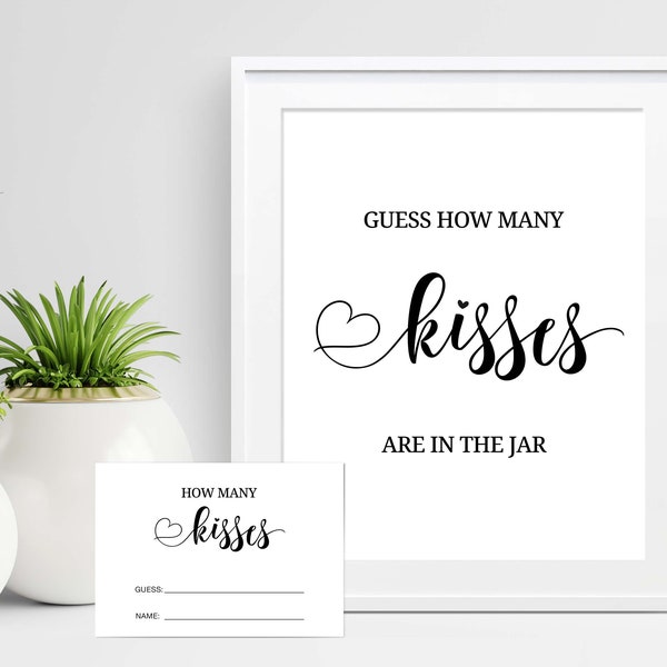 Guess How Many Kisses are in the Jar Game, Minimal Bridal Shower Game Printable , Bridal Sign, Hens,Bachelorette, Wedding Sign, W18, W32