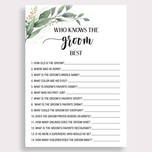 Puede incluir: Una tarjeta blanca con el texto "WHO KNOWS THE groom BEST" en escritura negra. La tarjeta presenta un dise&ntilde;o floral e incluye preguntas para completar sobre el novio, ideal para un juego de despedida de soltera.