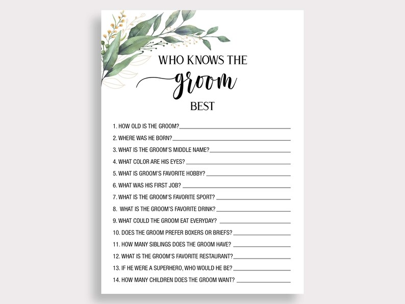 Puede incluir: Una tarjeta blanca con el texto "WHO KNOWS THE groom BEST" en escritura negra. La tarjeta presenta un dise&ntilde;o floral e incluye preguntas para completar sobre el novio, ideal para un juego de despedida de soltera.