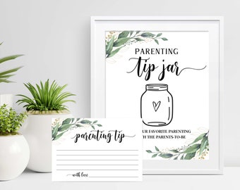 Parenting Tip Jar Parenting Advice Card Greenery Baby Shower Games Tips for the Parents To Be Gender Neutral Instant Download  C16 D28