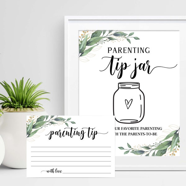 Parenting Tip Jar Parenting Advice Card Greenery Baby Shower Games Tips for the Parents To Be Gender Neutral Instant Download  C16 D28