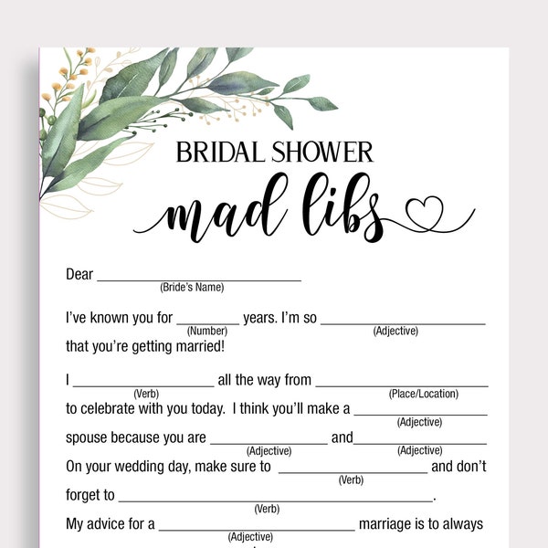 Bridal Shower Mad Libs, Bridal Mad Libs, Mad Libs Bride Advice, Green Leaf Wedding Shower Game, Madlibs, Bridal Shower Games, Printable, C18